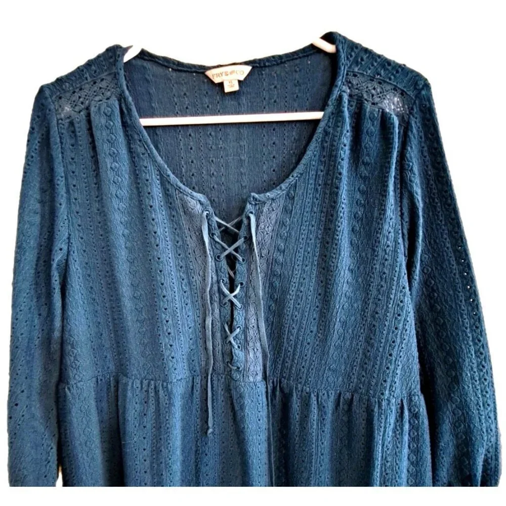 Frye & Co. XL Teal 3/4 Sleeve Lace Up Eyelet Dress Western Country Peasant